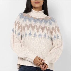 American Eagle Nordic Sweater Cream Blue Gray Fair Isle Mock Neck Women Size XS